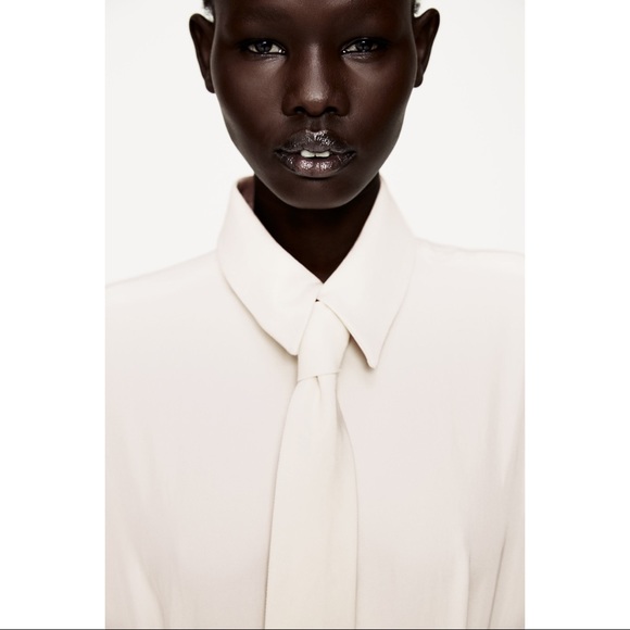 ZARA Limited Edition Tailored Layered Ecru Cream Corporate Midi Shirt Dress Tie - Picture 8 of 16